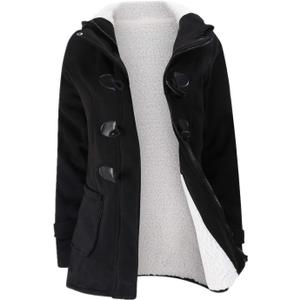 JiangWu Womens Fashion Horn Button Fleece Thicken Coat with Hood Winter Warm Jacket, XXL