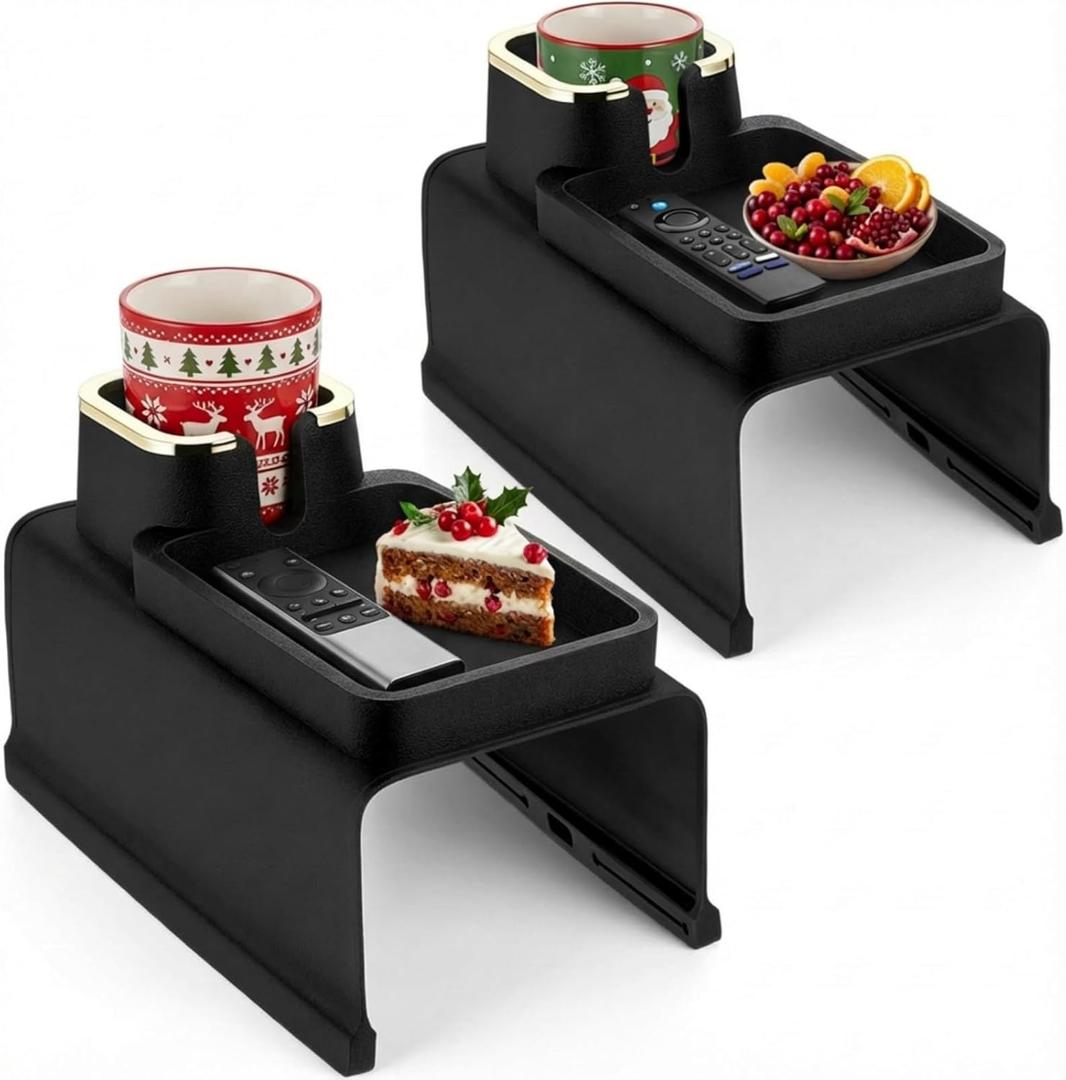 2 Pcs Couch Cup Holder Tray Silicone Anti-Spill Anti Slip Sofa Armrest Drink Holder Weighted Couch Caddy Recliner Arm Table for Remote Controls, Phones, Cups and Snacks (Black)