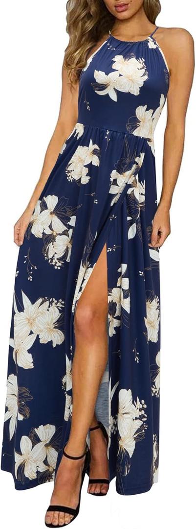 KILIG Women's Summer Spring Casual Sleeveless High Split Floral Sundress Beach Vacation Flowy Halter Maxi Long Dresses with Pockets 2026 (Floral18,XXL)