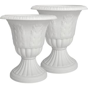 Set of 2 Goblet-Shaped Plastic Planter Urns, White, Diameter 14.6" Large | OUMUHE elegant plastic flower pots with secure buckle base & porous drainage for outdoor porch plants, 16" H 14.5" D