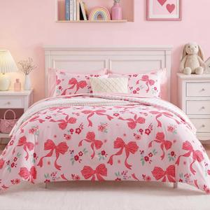 AMBERSPACE Queen Comforter Set for Girls, Pink Bow Bedding Set with Cute Floral, All Season Kids Bed in a Bag 7 Pieces with Sheets, Pillowcases & Shams
