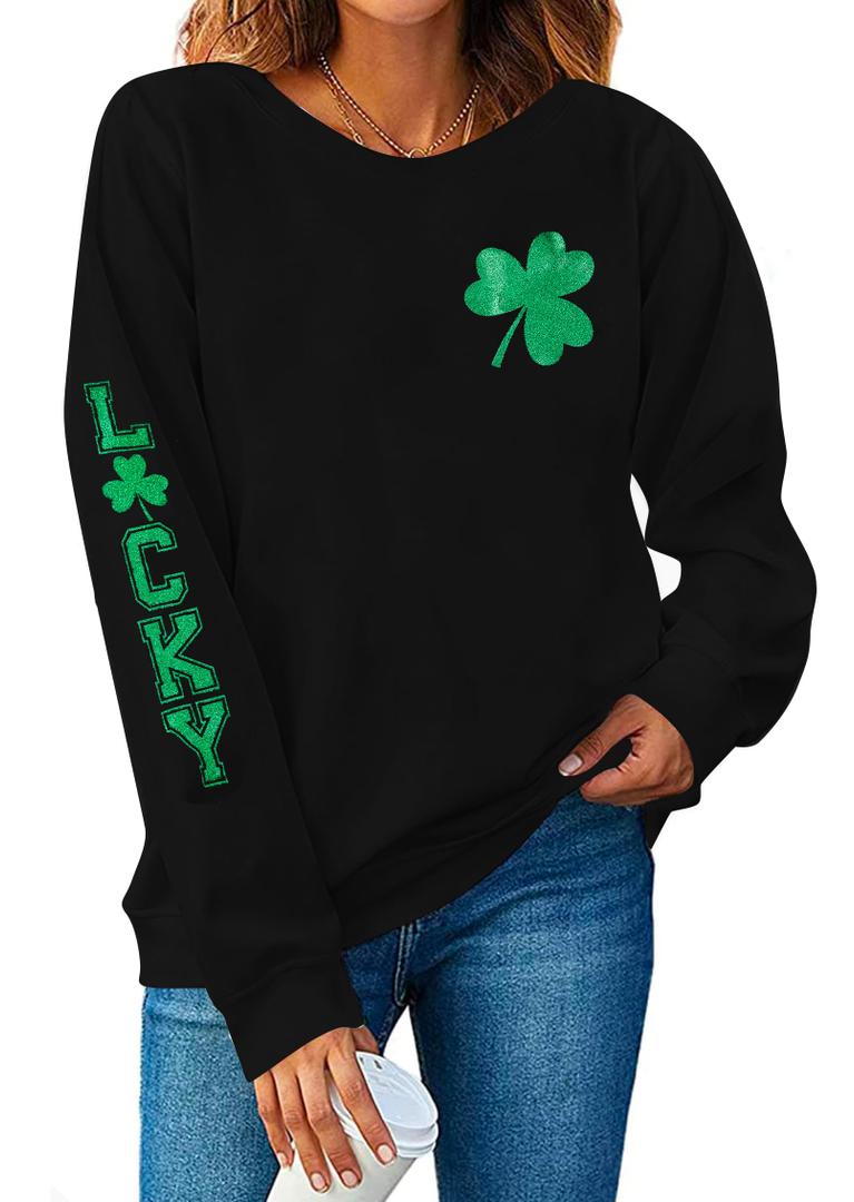 KIMSOONG St. Patrick's Day Sweatshirt for Women Sequins Shamrock Print Shirts Long Sleeve Crewneck Pullover Tops Black