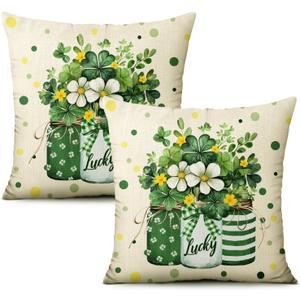 St. Patrick's Day Pillow Covers 18x18 Inch, Irish Gnomes & Shamrock Pillow Cases, Washable Linen Cushion Covers for St. Patrick's Day Home Sofa Decor (Set of 2) (17.7" x 17.7" (Pack of 1), Beige-clover)