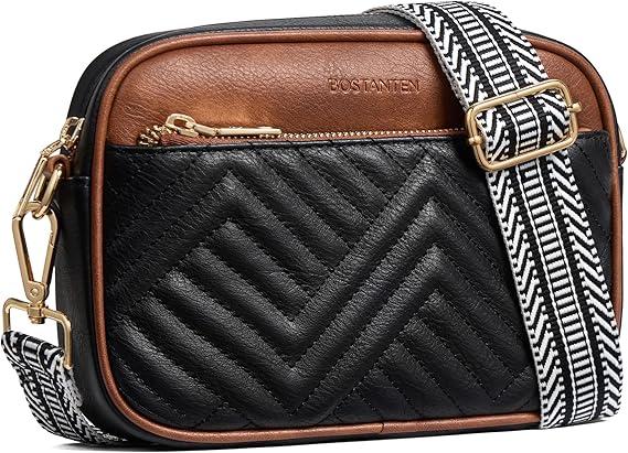 BOSTANTEN Quilted Crossbody Bags for Women Vegan Leather Purses Small Shoulder Handbags with Wide Strap, Black and Brown