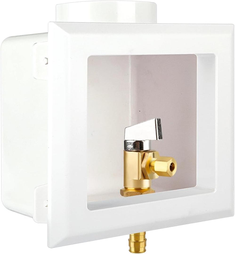 Ice Maker Outlet Box with Center Drain, 1/2" Pex-A F1960 Expansion Inlet x 1/4" OD Compression Outlet Connection with 1/4-turn Shut-Off Ball Valve for Drinking Water
