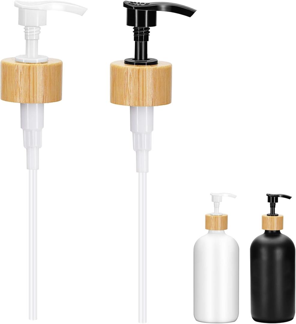 2Pcs Replacement Pumps Dispenser Replacement Pumps for Soap Dispensers Black Plastic Bamboo Dispenser Pumps for Soap, Lotion, Shampoo, Kitchen and Bathroom (Black and White)