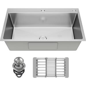 30-inch Single Bowl Workstation Kitchen Sink, Drop-in/Top-Mount Stainless Steel with Nano Coating & Basket Strainer, 30"x18"