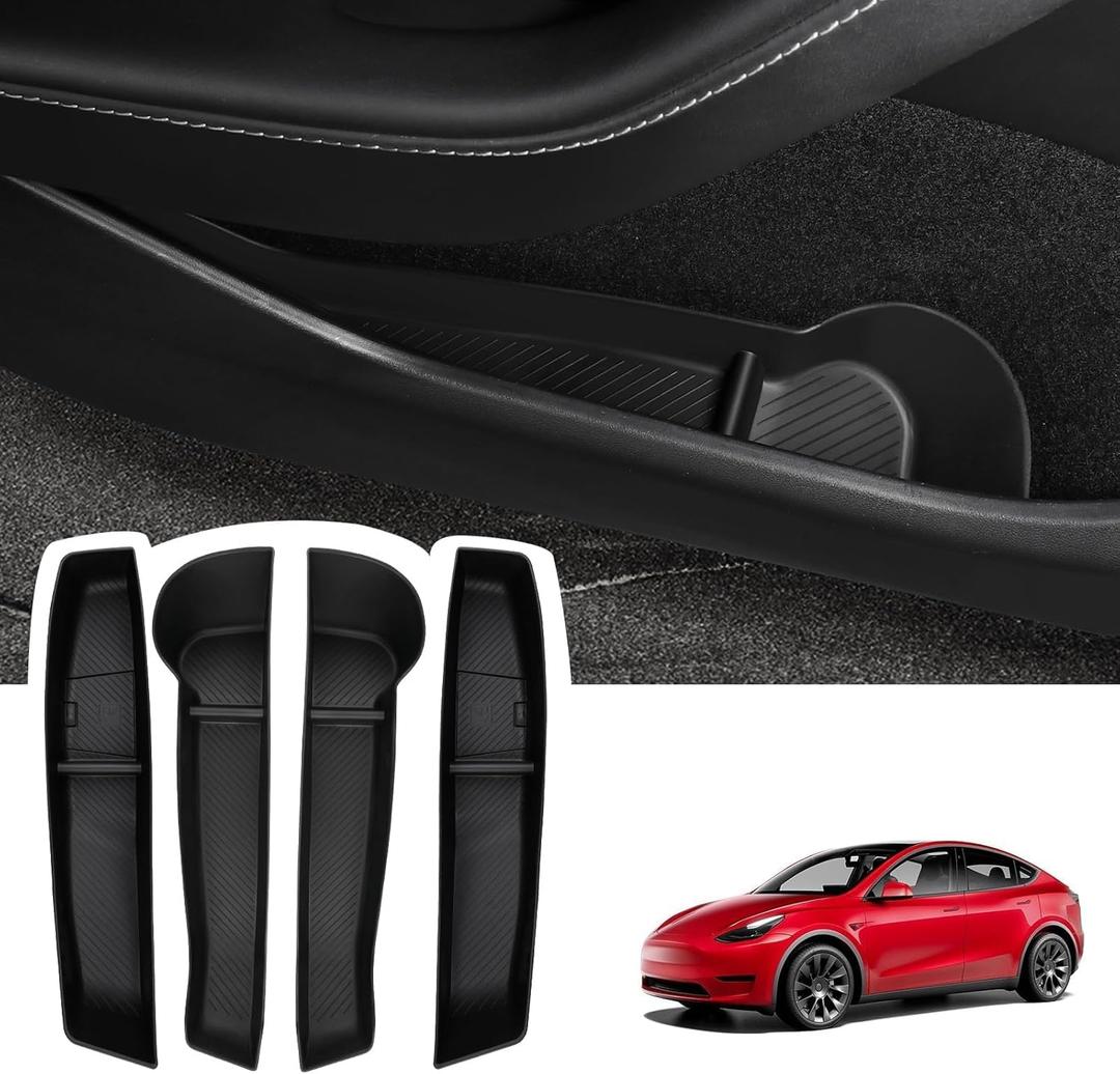 BASENOR 2025-2020 Tesla Model Y Door Side Storage Box with Emergency Button Cutout, Door Organizer Pocket Liners, Waterproof TPE Front & Rear Side Tray Protector Liner Set of 4