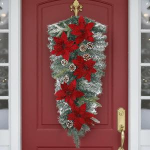 Yunlly 36" Christmas Teardrop Swags for Decorating Outdoor, Garland Christmas Swag Wreaths Ornament Snowy Pine Cone Velvet Poinsettia Wall Hanging for Front Door Indoor Outdoor Stair Window(Burgundy)