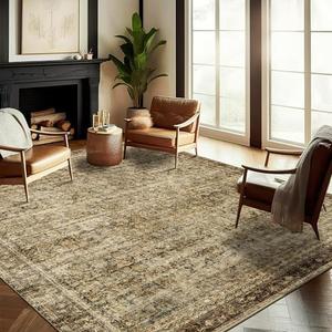 CHAMPLANT Area Rug 9x12 Washable Brown Vintage Traditional Mat Distressed Indoor Foldable Thin Retro Accent Floral Non Slip Carpet for Living Room Dining Room Office