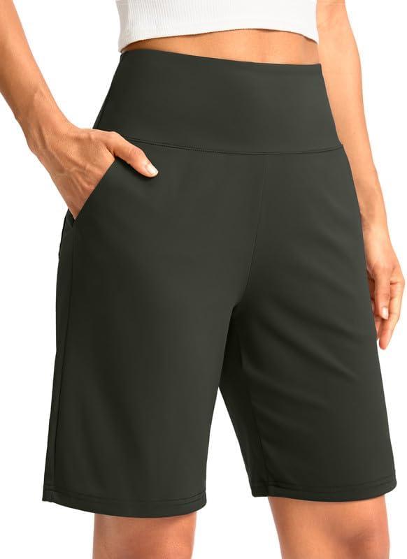G Gradual Women's Bermuda Long Shorts with Pockets 9" High Waisted Knee Length Shorts for Women Walking Athletic Workout (Olive, XXL)