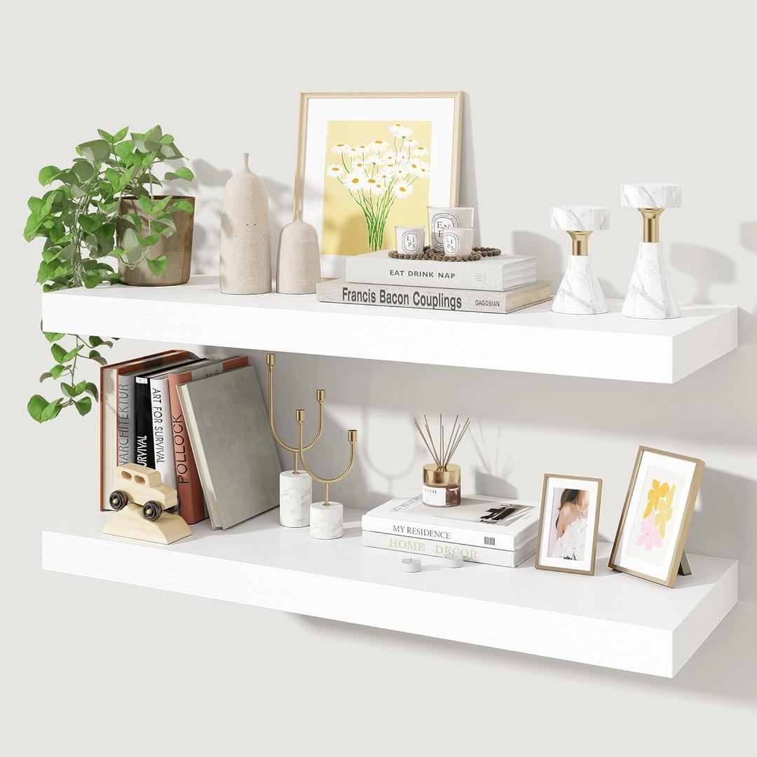 Axeman Floating Shelves for Wall, Rustic Wood Wall Mounted Shelves for Bathroom, Bedroom, Kitchen, Hanging Bookshelves for Home Wall Decor Living Room, 32 inch Set of 2, White (32" W x 10" D x 1.5"H)