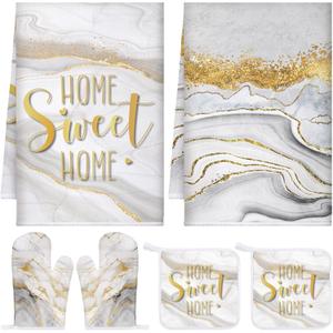 Bencailor 6 Pcs Marble Kitchen Decor Gold Pot Holders Oven Mitts 2 Dish Towels 2 Farmhouse Cooking Mittens Oven Glove and Potholder for Baking Cooking Grilling Supply Accessories(White)