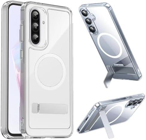 Hiooloon for Galaxy A56 Magnetic Case Clear with Kickstand, Built-in 2-Way Kickstand [Horizontal & Vertical Stand] Magnetic Crystal Slim Fit Rugged Cover (Clear)