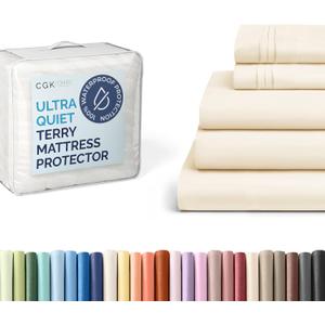 CGK Unlimited Split King Size 5 Piece Cream Sheet Set + Split King Size Terry Mattress Protector