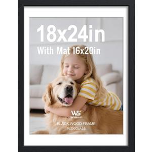 Wisesun 18x24 Poster Frame, Black Wood with Plexiglass, 16x20 Mat, 1 Pack