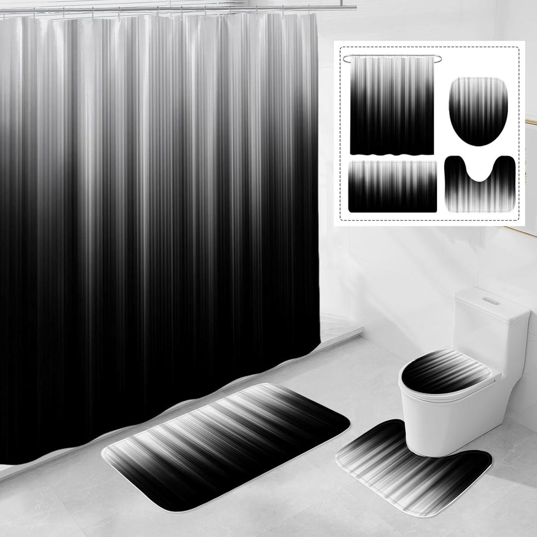 4 Pcs Grey and Black Gradient Shower Curtain Set with Rugs and Toilet Lid Cover, Modern Simple Waterproof Fabric Bathroom Set, Ombre Stripe Gothic Abstract Bathroom Decor Set Accessories