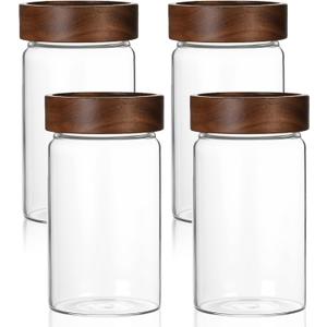 26 oz/850 ml Clear Glass Storage Canister with Airtight Wooden Lid, Small Overnight Oats Containers, Cute Decorative Salad Jar for Snacks Yogurt Spice Sugar Cereal Fruit Coffee Tea -4 Pack