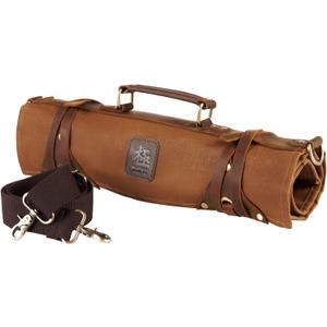 KYOKU Chef Knife Roll Bag, Kitchen Knife and Utensil Holder with 10 Slots 3 Cutlery Holders for Chef Knife Set, Oiled Leather and Waxed Canvas Knife Roll Up Travel Bag with Adjustable Strap, Brown