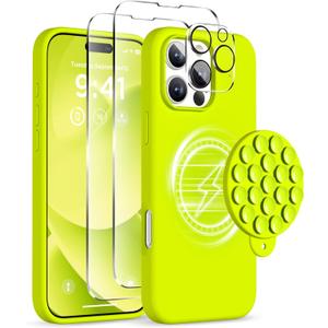 Magnetic for iPhone 16 Pro Case, Compatible with Magsafe, Suction Cup Phone Mount, 2 Screen Protectors - Camera Protector, Silicone Shockproof Protective Phone Cover 6.3", Neon Yellow