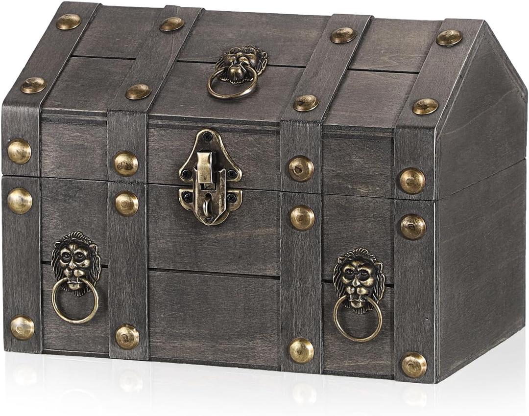 ELLDOO Vintage Treasure Chest Box, Pirate Keepsakes Box for Kids Gifts Pirate Theme Party, Wooden Treasure Storage Box Decorative Box for Jewelry Pearl Trinkets, Vintage Grey