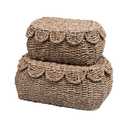 LUSYDECO Set of 2 Hand Round Wicker Storage Baskets, Rattan Basket Decorative Boxes, Woven Storage Box Seagrass Baskets with Lids, Scalloped Edge Wicker Basket with Lid, 14"D x 10"W x 6"H