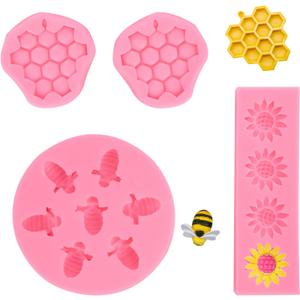 2 x 4 Pcs Bumble Bee Silicone Molds Kit with Honeycomb, Bee and Sunflower, Fondant, Chocolate, Cupcake, Cake Decorating, Candy Molds(Pink)