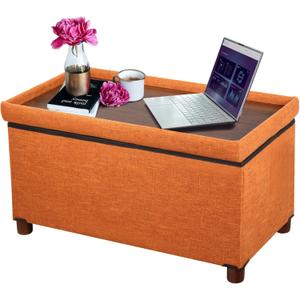30 Inches Storage Ottoman Bench, Storage Bench with Wooden Legs for Living Room Ottoman Foot Rest Removeable Lid for Bedroom End of Bed, Linen Fabric, Orange