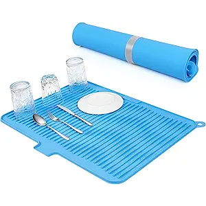 Silicone Dish Drying Mat for Kitchen Counter, Non-slip Surface and Heat-resistant Kitchen Mat with Drain Lip, Easy Clean and Storage for Multiple Usage, 23*17 inch Large Size