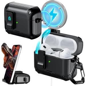 RFUNGUANGO for AirPods Pro1/2 Case 2024 Latest Multi Functional Earphone Case Bracket Function MagSafe Function Anti Fall Lock Automatic Open Cover 2024 A+Series-Black