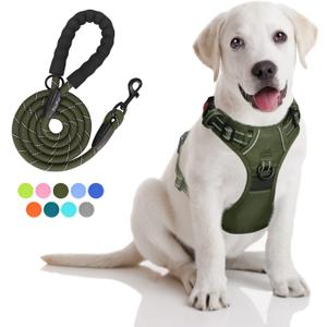 PoyPet No Pull Dog Harness and 5 Feet Leash Set, Release on Neck Reflective Adjustable Pet Vest, Front & Back 2 D-Ring and Soft Padded Pet Harness with Handle for Small to Large Dogs(Military Green,M)