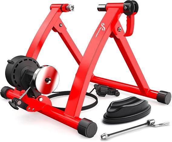 Sportneer Bike Trainer - Magnetic Indoor Cycling Trainer Stand for 26-28" & 700C Wheels, 6 Resistance Levels Stationary Bike Stand with Quick Release Lever & Front Wheel Riser Block Red