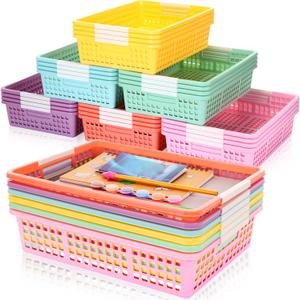 36 Pcs Colorful Plastic Classroom Baskets Bulk with Handles 13.6" x 10" Classroom Storage Bins Morandi Paper Trays Desk Basket for School Office Teacher Book Pencil Organization