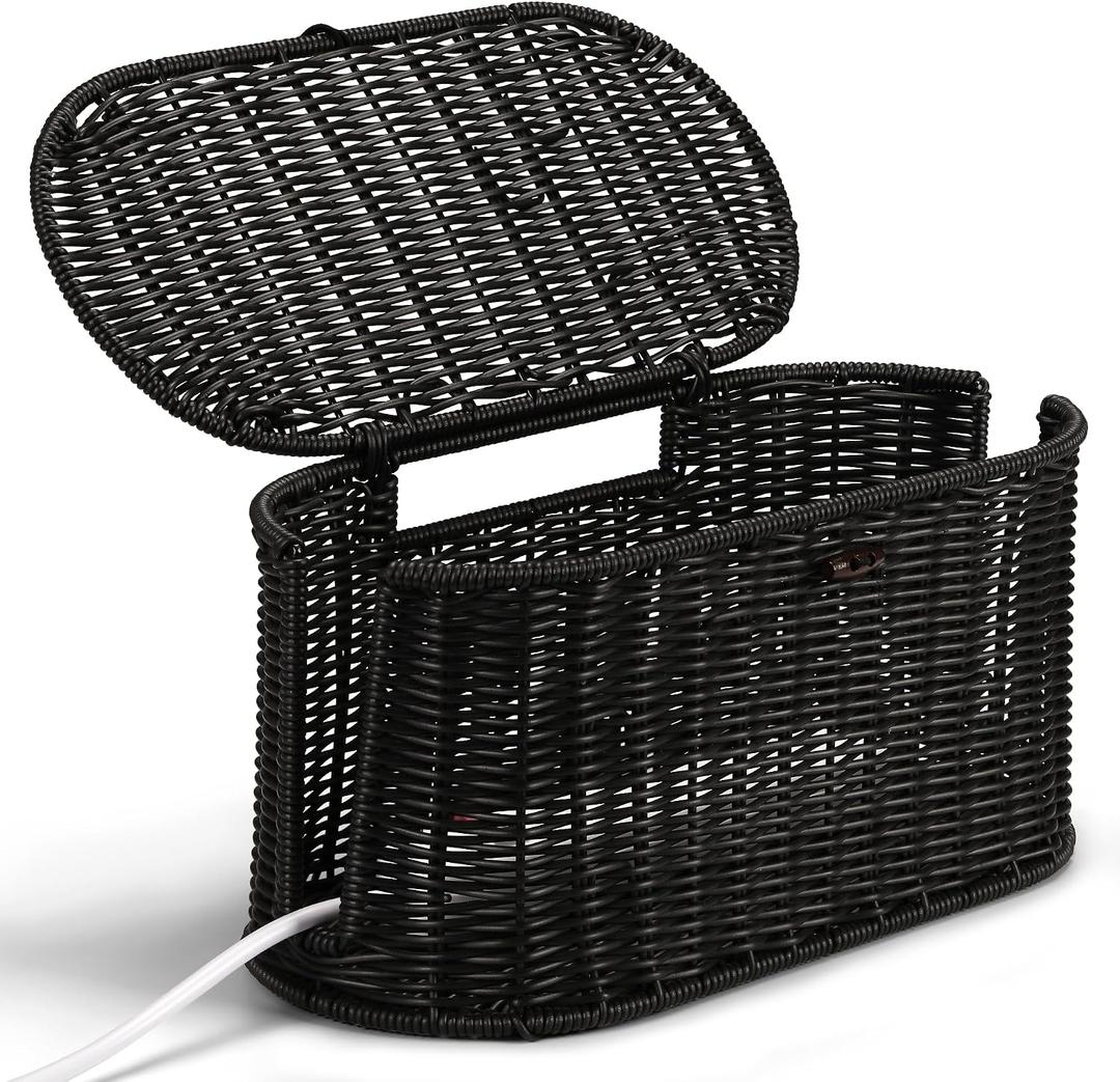 Handwoven Rattan Style Cable Management Box, Cord Organizer with Outlet Covers, Cord Hider Box for Power Strips, Cable Tidy Box for Desk, Floor and Home Organization