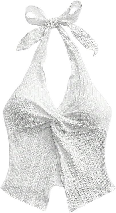 QJQ Women's Halter Tops Twist Front Slit Backless Cute Summer V Neck Tank Top Vacation Outfits (White)