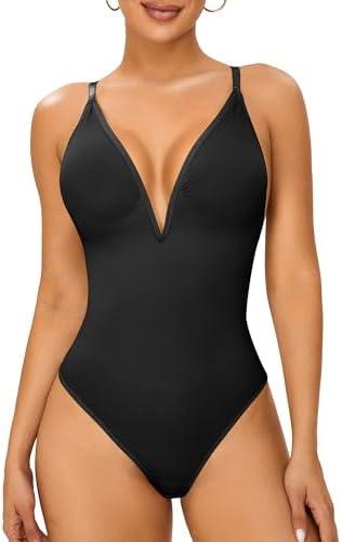SAYFUT Lace Bodysuit Backless Shapewear for Women V-Neck Tummy Control Thong Body Shaper Size L