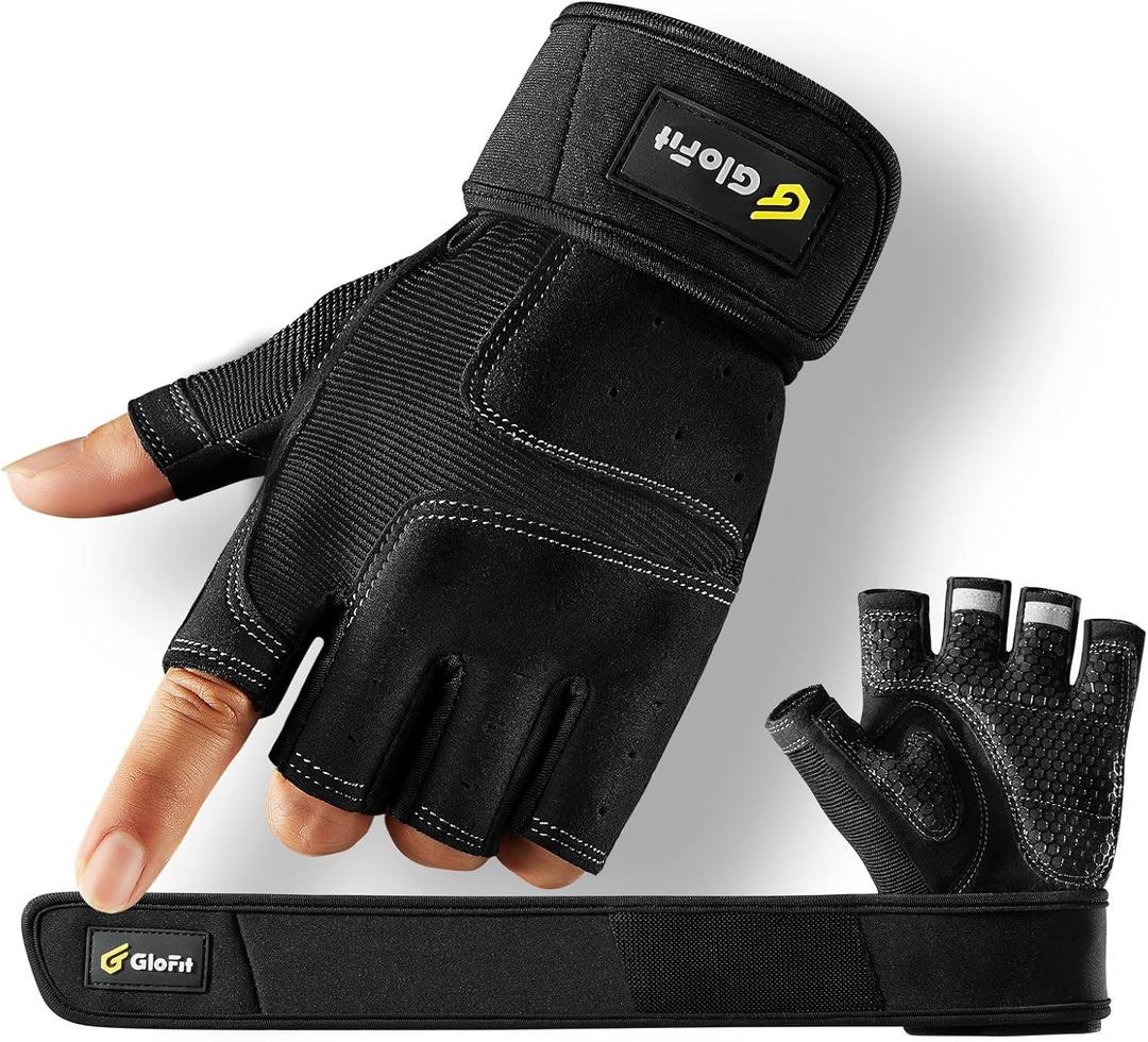 Glofit Workout Gloves with Wrist Wrap Support for Women & Men, Weight Lifting Gloves Fingerless Gym Gloves for Cycling, Training, Push-up (Black, M)