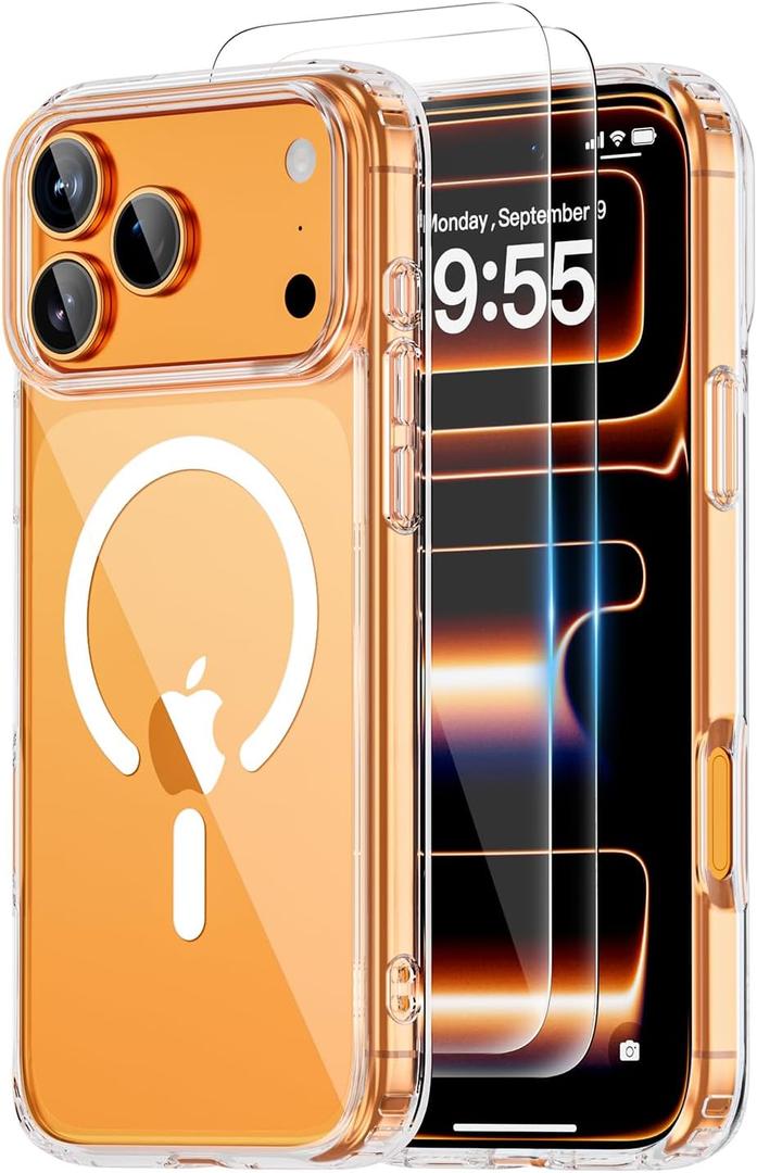 for iPhone 17 Pro Case Clear,Compatible with Magsafe,Slim Magnetic Cover + 2X Screen Protector, Shockproof Military Grade, Anti-Yellowing Transparent Protective Phone Case for 6.3 inch