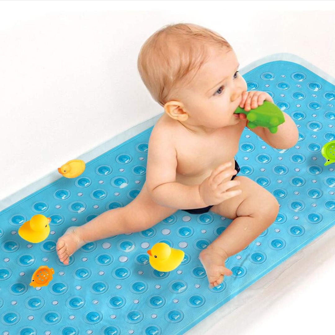 Upgrade Baby Bath Mat Non Slip Extra Long Bathtub Mat for Kids 40 X 16 Inch - Eco Friendly Bath Tub Mat with 200 Big Suction Cups, Machine Washable Shower Mat, Blue