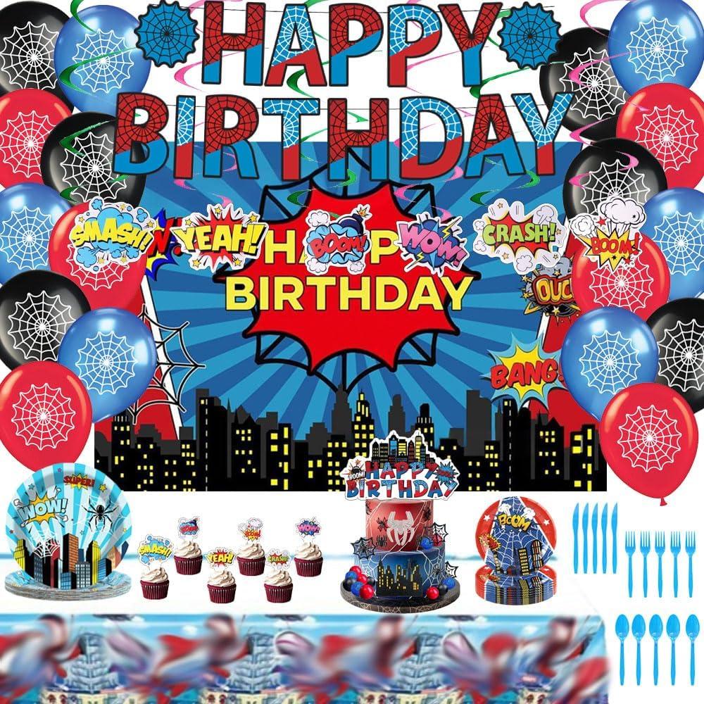 Spider Theme Birthday Party Supplies Decorations Including Birthday Banner, Backdrop, Hanging Swirls, Tablecloth, Balloons, Cake Toppers, Plates, Forks, Knives, Spoons for Spider Party