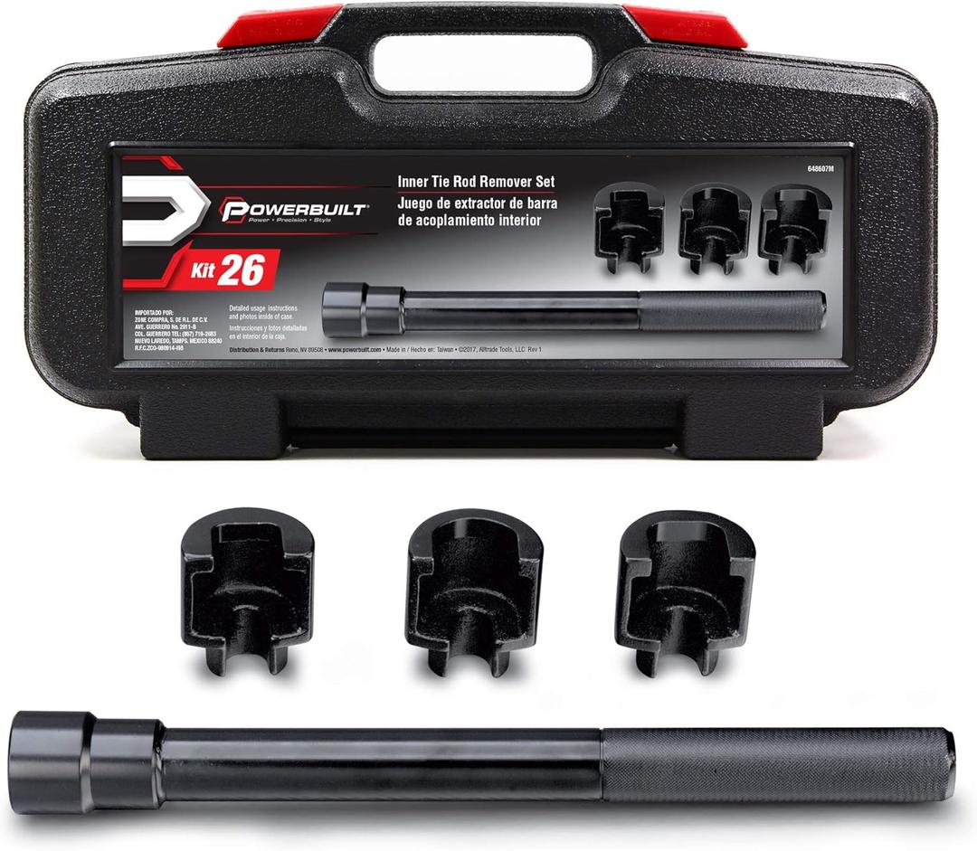 Powerbuilt Inner Tie Rod Remover Tool Kit  Fits Ford, GM, Chrysler Rack, and Pinion  Includes 1-5/16", 1-3/16", 1-7/16" Socket Adapters, Extension Bar, and Case  648607
