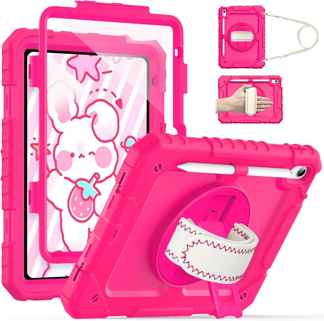 Cantis Case for iPad 11-inch (A16) 2025/ iPad 10th Generation 2022 (10.9 inch) with Screen Protector, 11th Case with 360 Degree Rotating Stand/Shoulder Strap/Pencil Holder, Hot Pink