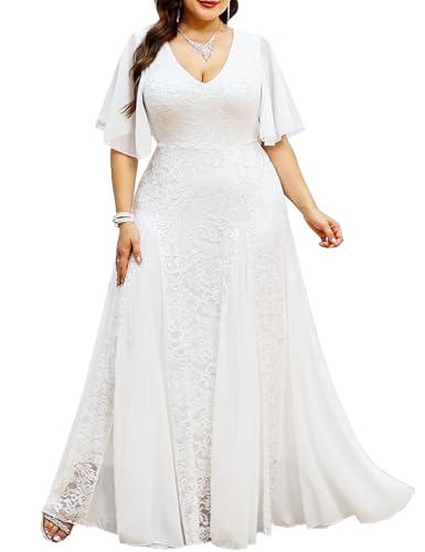 TIARALY Plus Size Formal Lace Dress Maxi V Neck A-line Chiffon Wedding Guest Prom Evening Gown Gala Elegant, White, 3XL