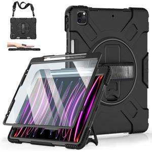 Case for iPad Pro 12.9 2022/2021/ 2020/2018: Cover for iPad Pro 12.9 6th/ 5th/ 4th/ 3rd Generation with Screen Protector- Stand- Pencil Holder- Handle- Shoulder Strap Black (iPad 12.9 2022/2021/2020/2018(silicone))