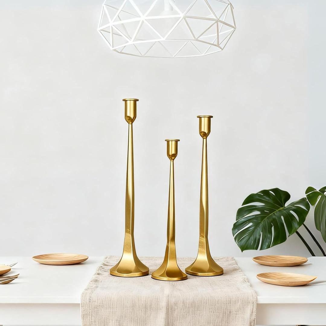 Set of 3 Gold Iron Candlestick Holders  Tapered Candle Holders for 3/4" Candles, Tall Candle Stick Set for Dining Table, Wedding, and Home Dcor