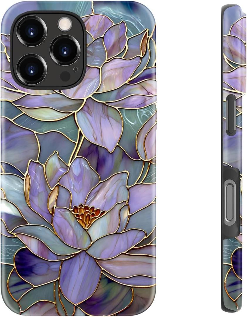 ZADORN for iPhone 16 Pro Case Cute - Wireless Charging Compatible - Dual-Layer Soft Silicone + Hard Shell - Trendy Floral Design - Glossy Phone Cover for Women - Blooming Purple Lotus