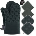 KEGOUU Oven Mitts and Pot Holders 6pcs Set, Kitchen Oven Glove High Heat Resistant 500 Degree Extra Long Oven Mitts and Potholder with Non-Slip Silicone Surface for Cooking (Deep Green)