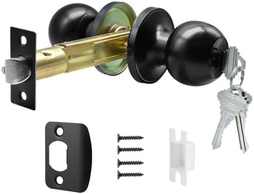 TPard 5" Backset Latch Keyed Entry Door Knob with Lock and Key, Standard Square Interface Entrance Ball Doors Knobset Lockset, Matte Black