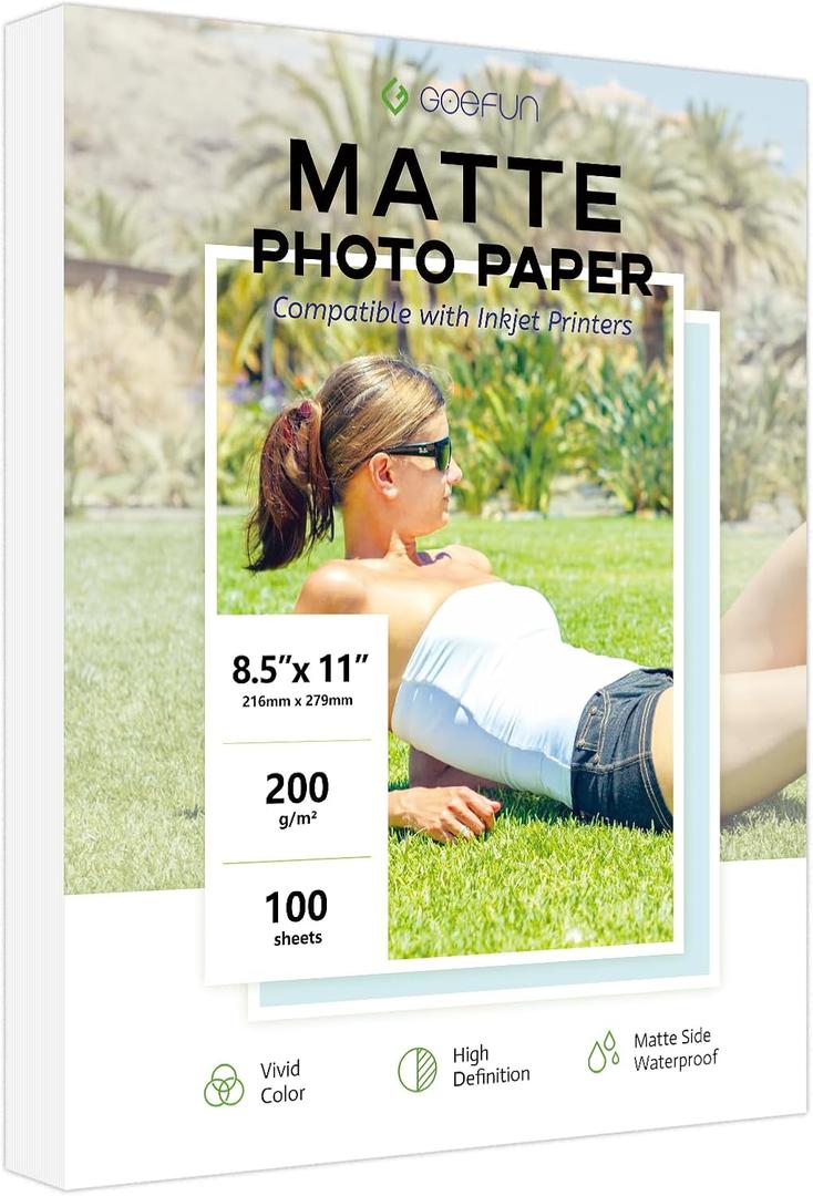100 Sheets Matte Photo Paper 8.5x11, Goefun 200GSM/54LB Inkjet Printer Paper for Dye Ink and Pigment Ink