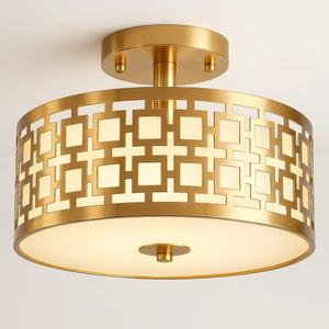 Semi Flush Mount Ceiling LED Light Fixture Hanging with Drum Shade for Dining & Living Room Kitchen Office Shop Entryway & Hallway Modern Chandelier Lamp Brushed Chrome Finish E26 Base (Square, Gold)